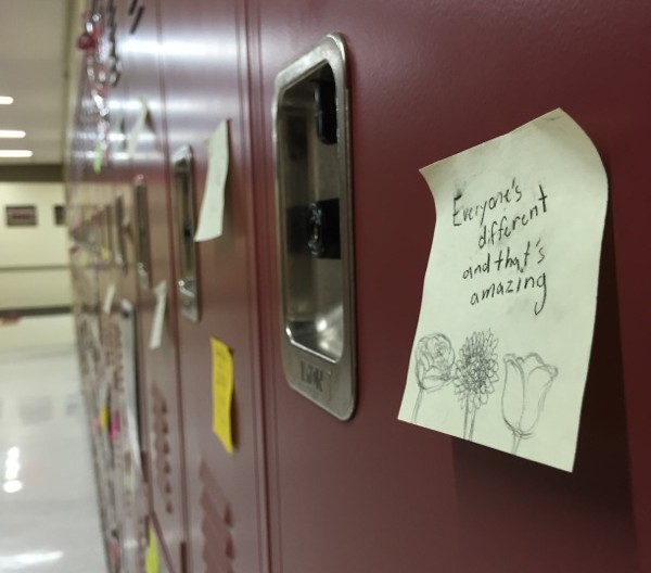 Positive Post-Its displayed on lockers