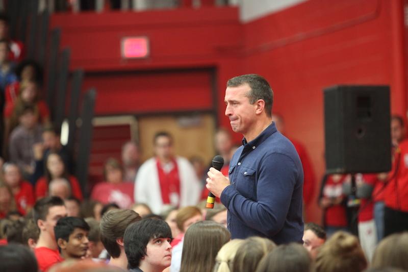 Chris Herren addresses the Naperville Central student body at an all-school assembly on Oct. 6. 