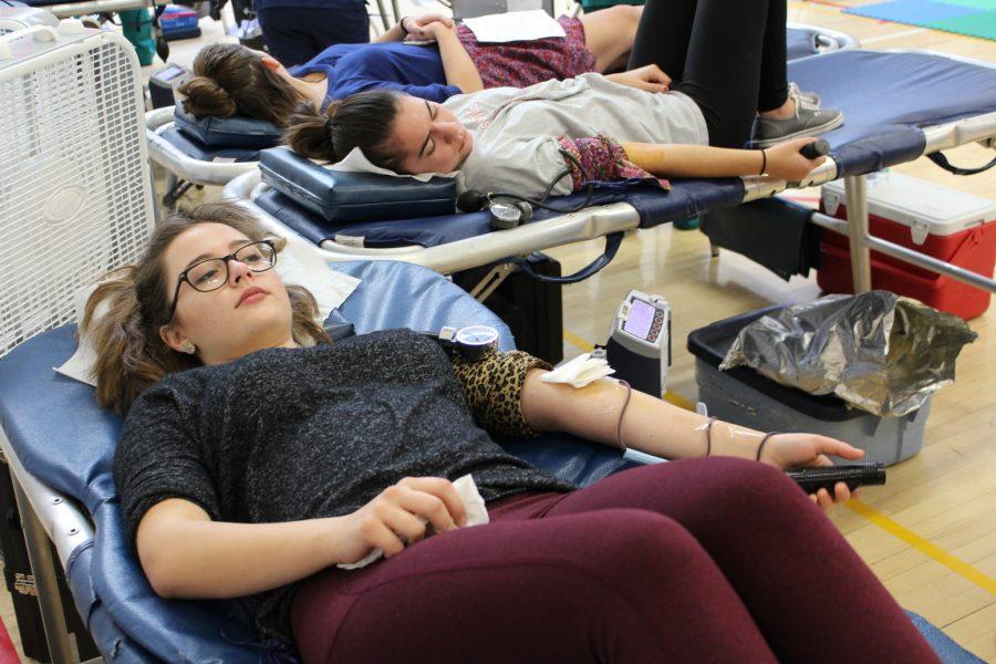 Emily Ware, senior and Raina Harpalani, junior, give blood on Nov. 1.