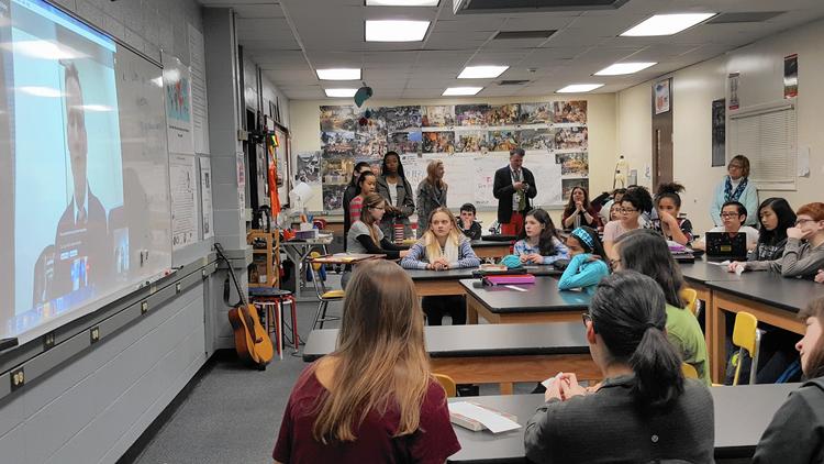 Jefferson Jr. High seventh graders in Social Studies teacher Chris Heffernan’s class engage in a Skype discussion with Will Ripley, an international correspondent for CNN. Ripley is one of the first few CNN reporters to make repeated trips to North Korea.