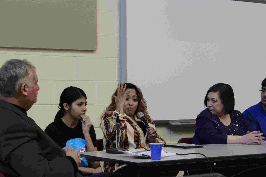 From left: Moderator H. Ali Yurtsever, North student Denise Rodriguez, Youth Engagaement Manager Celina Villanueva and Senior Resettlement Manager for World Relief DuPage/Aurora Alison Bell discuss their thoughts on immigration. “It isn’t about being pro or against immigration and people coming into this country, it is about humanity and values,” Villanueva said. “It is about saying we have a broken immigration system that when you say ‘okay, well they can go to the back of the line’ — there is no back of the line.”