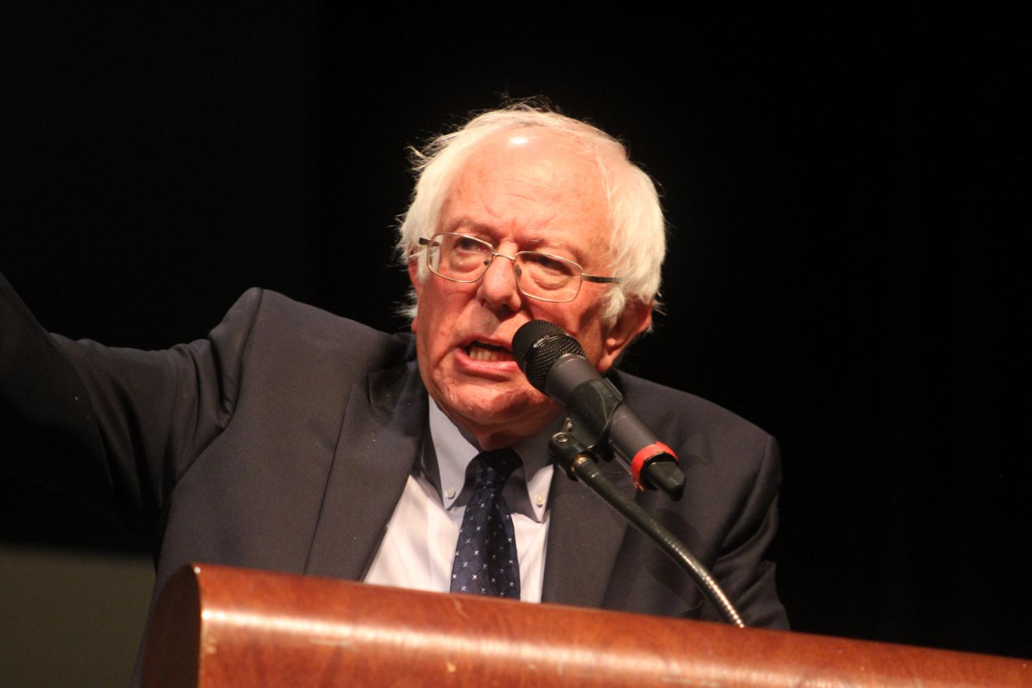 Sen. Bernie Sanders of Vermont speaks to students in the Naperville Central auditorium on Aug. 30.