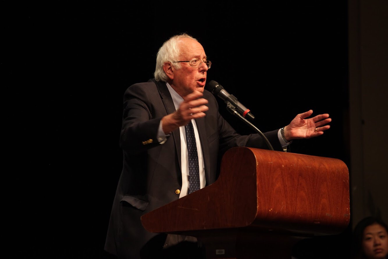 Sen. Bernie Sanders addresses students in the Naperville Central Auditorium