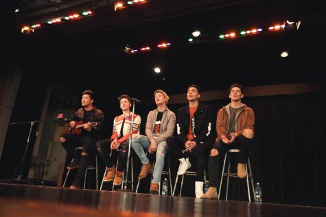 In Real Life performs an acoustic version of Eyes Closed, their lead single, in Centrals Little Theatre. From left: Sergio Calderon, Michael Conor, Brady Tutton, Drew Ramos, Chance Perez