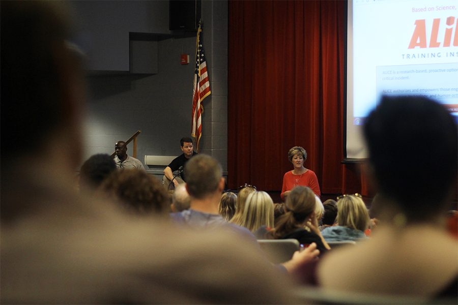 Nancy Voice, Assistant Superintendent of Secondary Education, presents the ALICE program to Central staff on Oct. 4. 