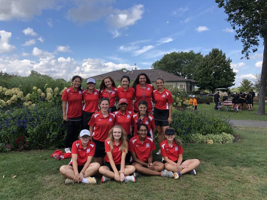 The girls golf team at DVC on Sept. 25. (From left to right): Juniors Rebecca Zhang, Emma Lim, Sally Gombas, senior Erin Fang, juniors Bella Russo, Ava Lyons, freshman Haley Hayes, junior Neha Vinesh, freshmen Avery Baltrus, Liz Gust, Margot Dawson, Aparna Ramakrishnan and Rachel Leyden. They com- peted at state on Oct. 12 at Illinois State University.