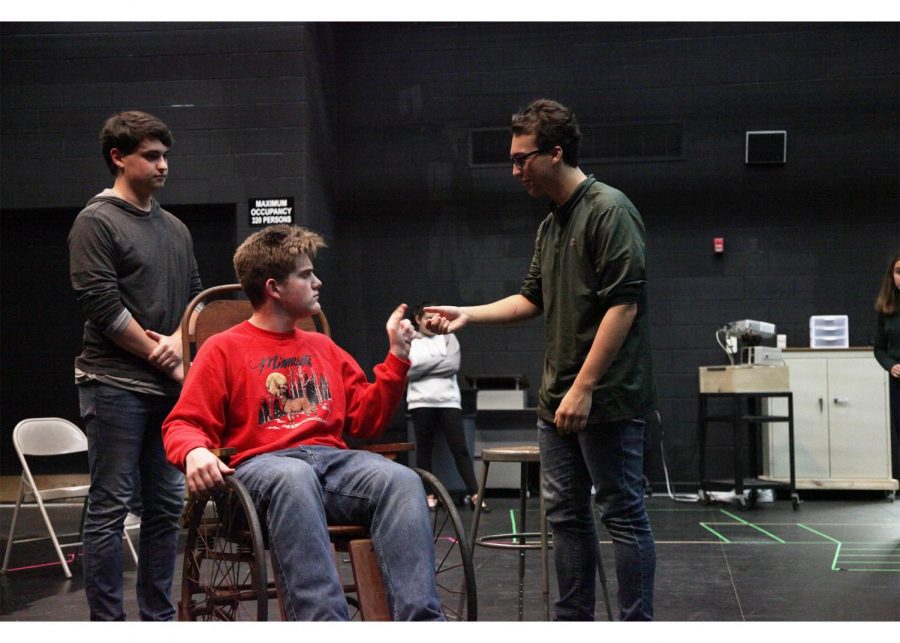 Seniors Ryan Renc and Ethan Smith and sophomore Jake Clements rehearse for “The Man Who Came to Dinner.” Performances are Nov. 1-3 in the auditorium.
