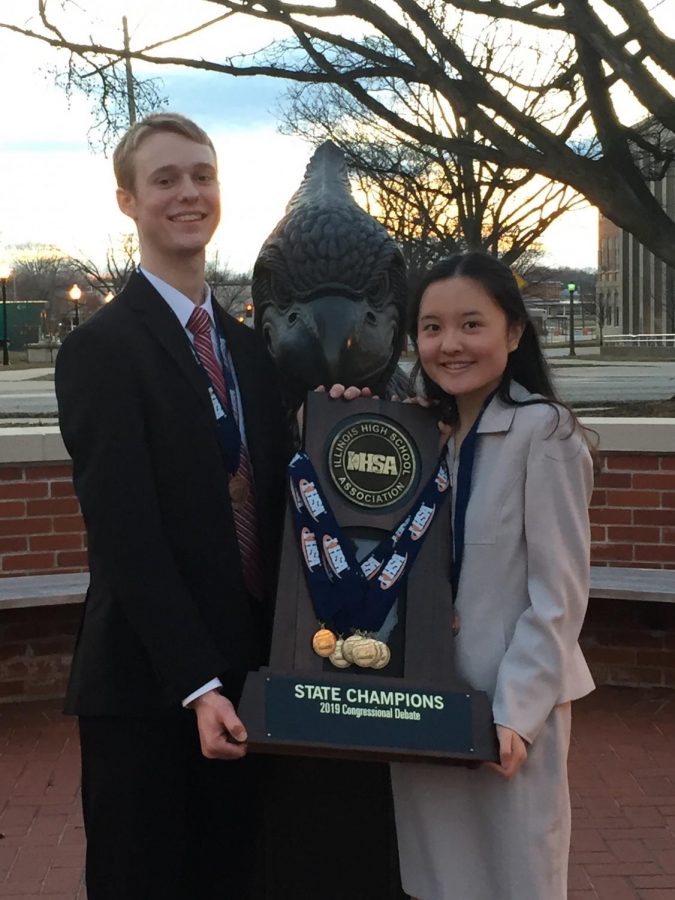 Senior Jim Royal and junior Vivian Zhao win the IHSA state champion team title in Congressional Debate. The tournament took place on March 15 and 16 at ISU.