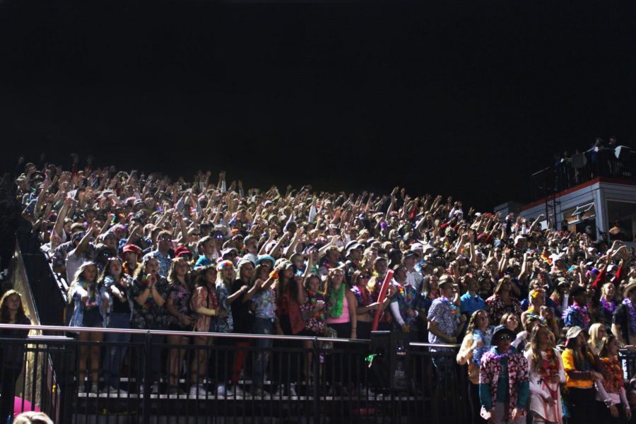 Central’s Rowdies lead the student fan section at the Sept. 6 home game against Lincoln-Way East. Tradition gives seniors priority at the front of the fan section, while freshmen students are often pushed out of the fan section completely, depending on the size of the crowd. 
