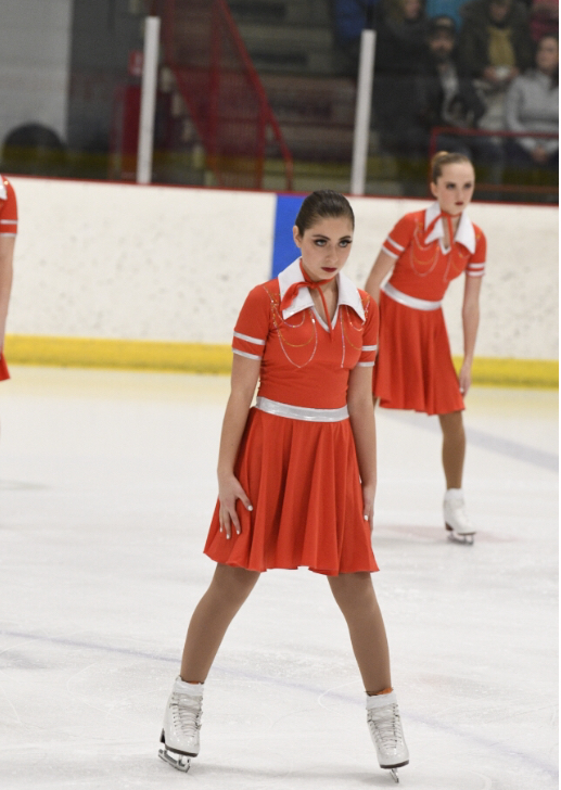 McCarl at synchronized ice skating competition with nationally ranked Downers Grove Dazzlers; Right photo: McCarl with olympian Brady Tanner at Dupage Open