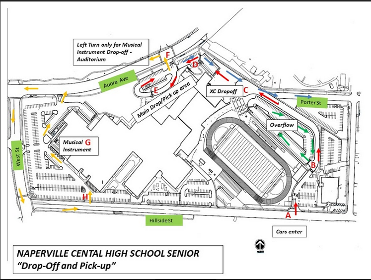 This map, provided by Student Activities to senior families, shows the traffic pattern created for seniors so that they could take care of year-end business without leaving their cars, and so that social distancing guidelines could be followed. 