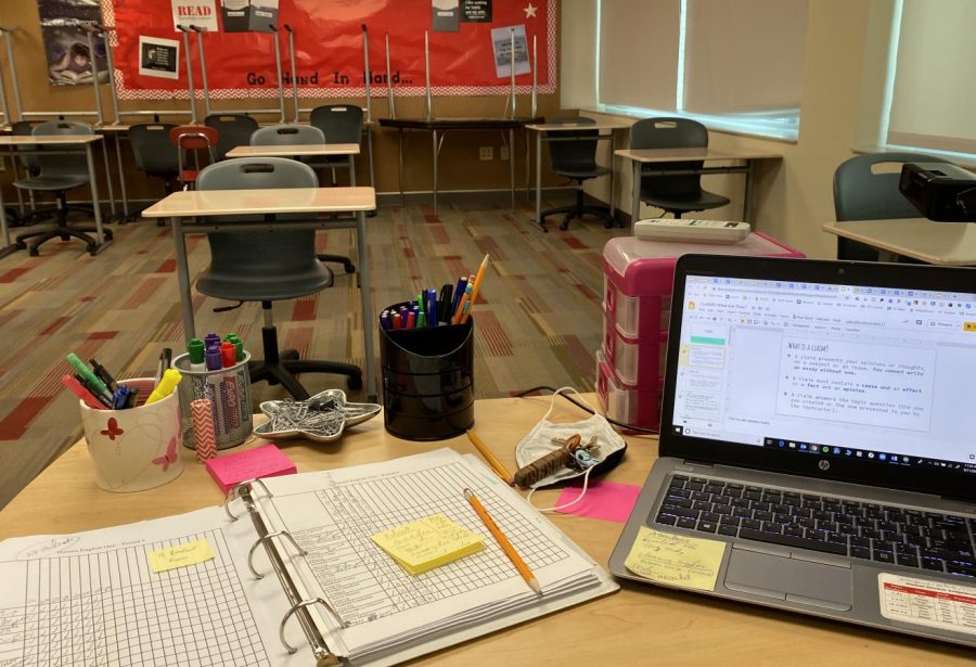 Teachers+are+being+encouraged+to+teach+from+their+classrooms+to+help+foster+a+sense+of+normalcy%2C+but+the+absence+of+students+from+classrooms+is+hardly+normal.+District+203+does+not+give+teachers+the+option+to+teach+completely+from+home.