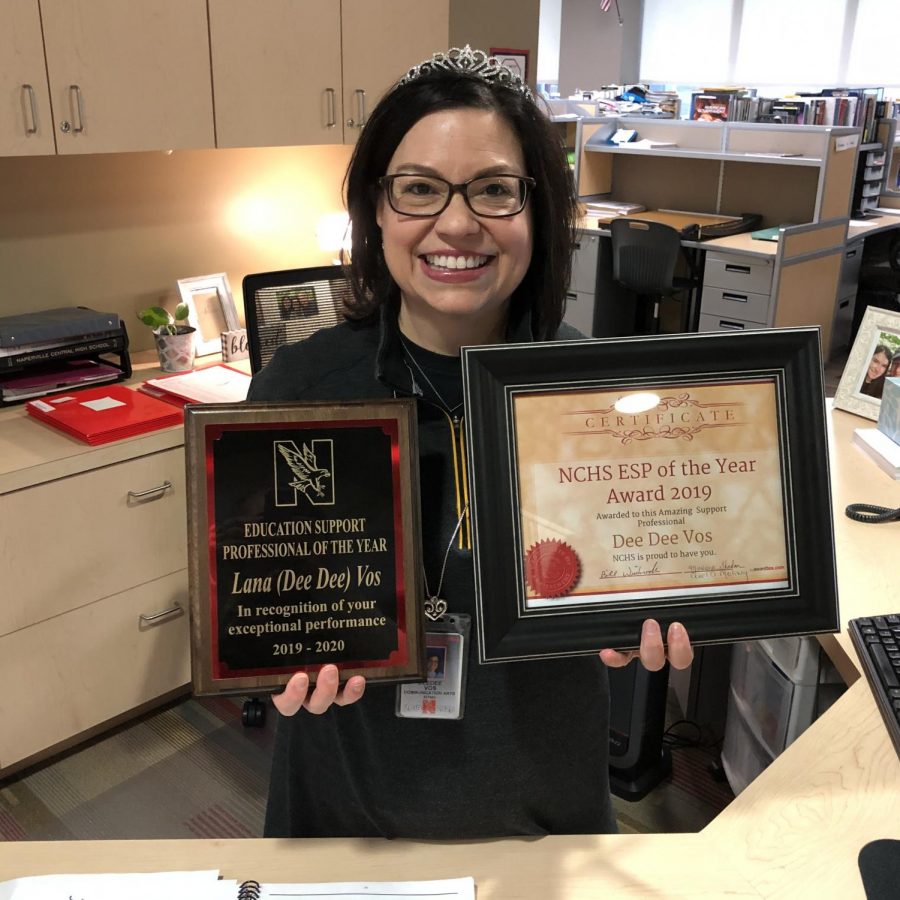 Communication arts secretary DeeDee Vos, seen here at her reception desk, was recognized as Naperville Central's Educational Support Professional of the Year for the 2019-20 school year. Vos died in October after a decade-long battle with breast cancer. 
