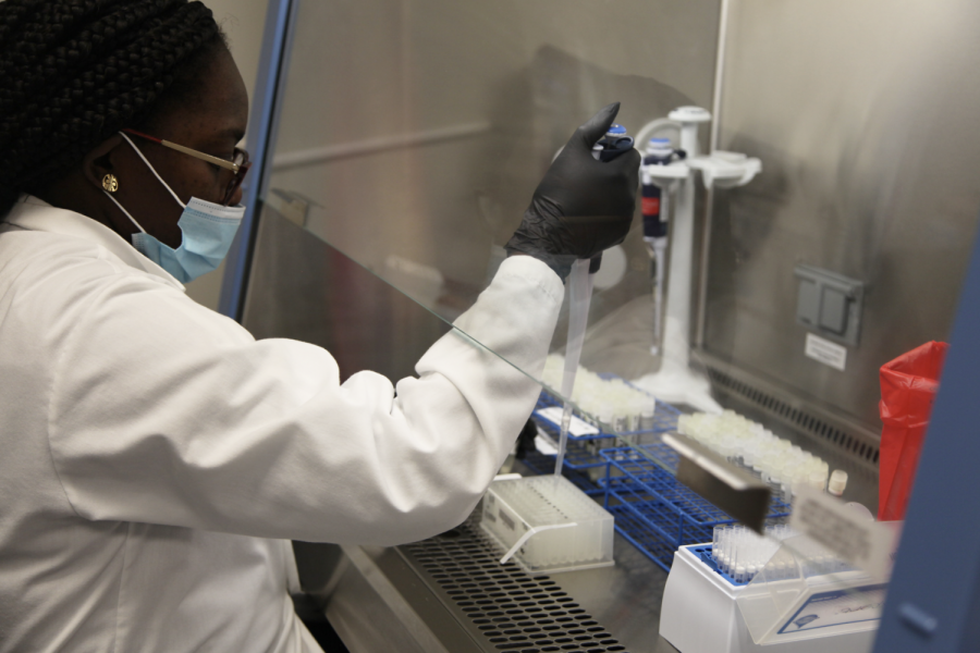 Medical technologist Mavis Kwarteng manually transfers a portion of the saliva from samples to a plate of 96 holes as part of a process to prepare saliva samples for SHIELD testing at the Gift of Hope Organ & Tissue Donor Network laboratory.