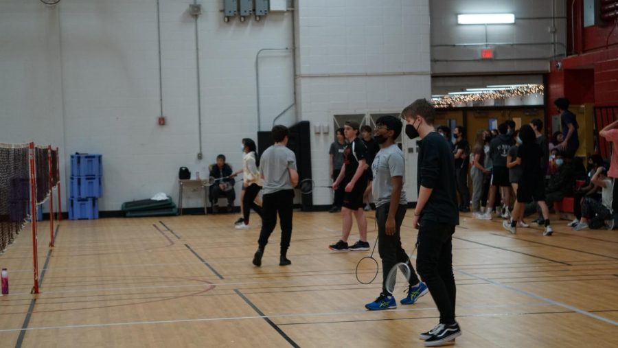 Naperville+Central+juniors+Noah+Rooney+and+Rohin+Gopalka+square+up+for+a+game+in+the+badminton+tournament+held+at+Central+on+Feb.+26+in+the+Field+House.