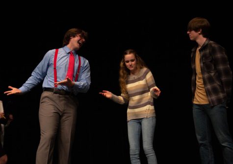 Senior Quinn Hurley and juniors Jillian Poole and Reese Kennedy perform “Totally Tubular” in Central’s auditorium as part of the annual One Acts show.