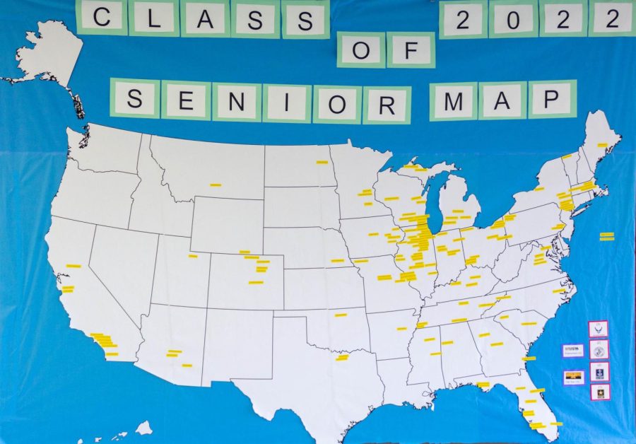 The Class of 2022 senior map showcases the number of students from Central going to each college as well as other postsecondary plans, such as employment, trade school and the military. The map is located in the hallway to the right of Student Services.