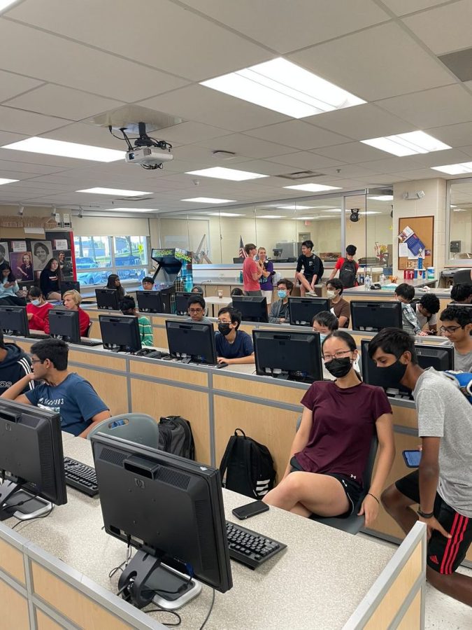 Computer Science Club members work at their inaugural meeting in Room 46 on Aug. 30.