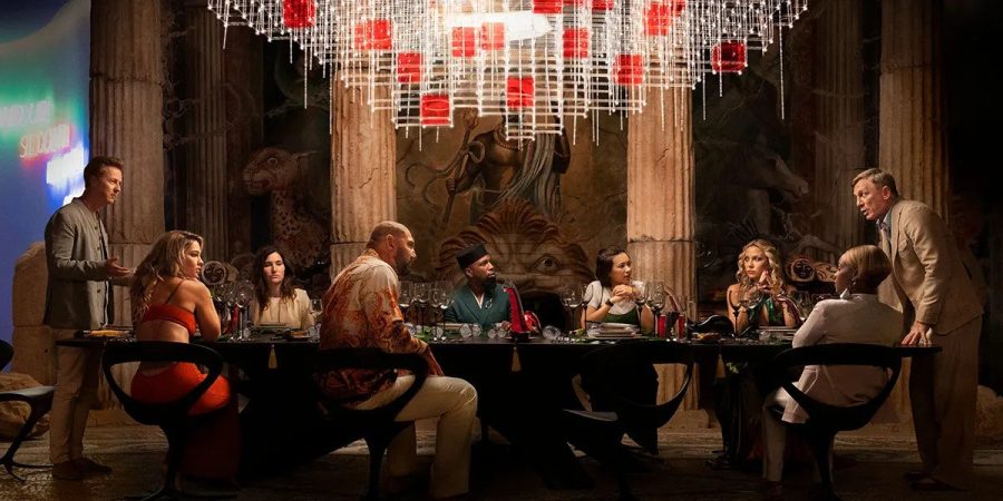 The cast of "Glass Onion" gathers for a dinner. PHOTO SOURCE: NETFLIX