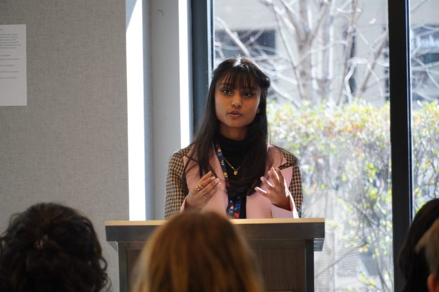 Junior Reham Fahad, director of debate for Naperville Centrals Junior State of America Chapter, speaks at the Fall State conference in Chicago on Nov. 20.