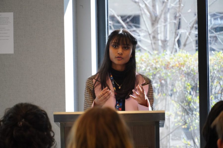 Junior Reham Fahad, director of debate for Naperville Central's Junior State of America Chapter, speaks at the Fall State conference in Chicago on Nov. 20.