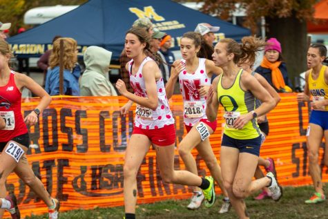 Juniors Liv Phillips and Ava Hendren lead the pack for Central’s girls varsity cross country team in the three-mile race at the IHSA state cross country meet on Nov. 5.