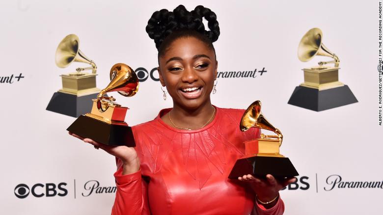 Jazz singer Samara Joy celebrates her first Grammy wins, including the award for Best New Artist (Photo: CNN)