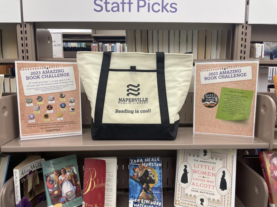 A shelf at the Nichols Library shows the new prize and rules for the Naperville Public Library's Amazing Book Challenge.