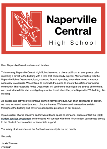 Principal Jackie Thornton sent an email to students and parents on Jan. 31 after an anonymous caller threatened the safety of students and staff at Naperville Central.