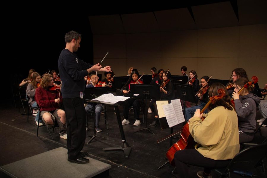 Central’s Symphonic Orchestra rehearses for a March 16 concert. Members of the orchestra, along with other students from Central and Naperville North, will play at Disney World on March 25. 