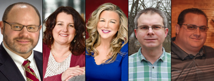 The 2023 District 203 Board of Education candidates. From left to right: Ronald Amato, Kristine Gericke, Melissa Kelley Black, Joe Kozminski and Gilbert Wagner.