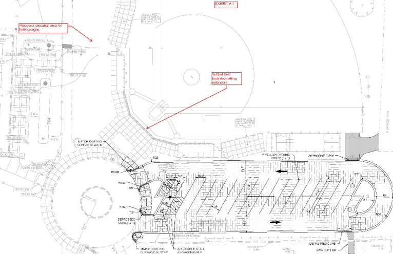 The changes mapped out for parking lot expansion include relocated batting cages and a netting extension.