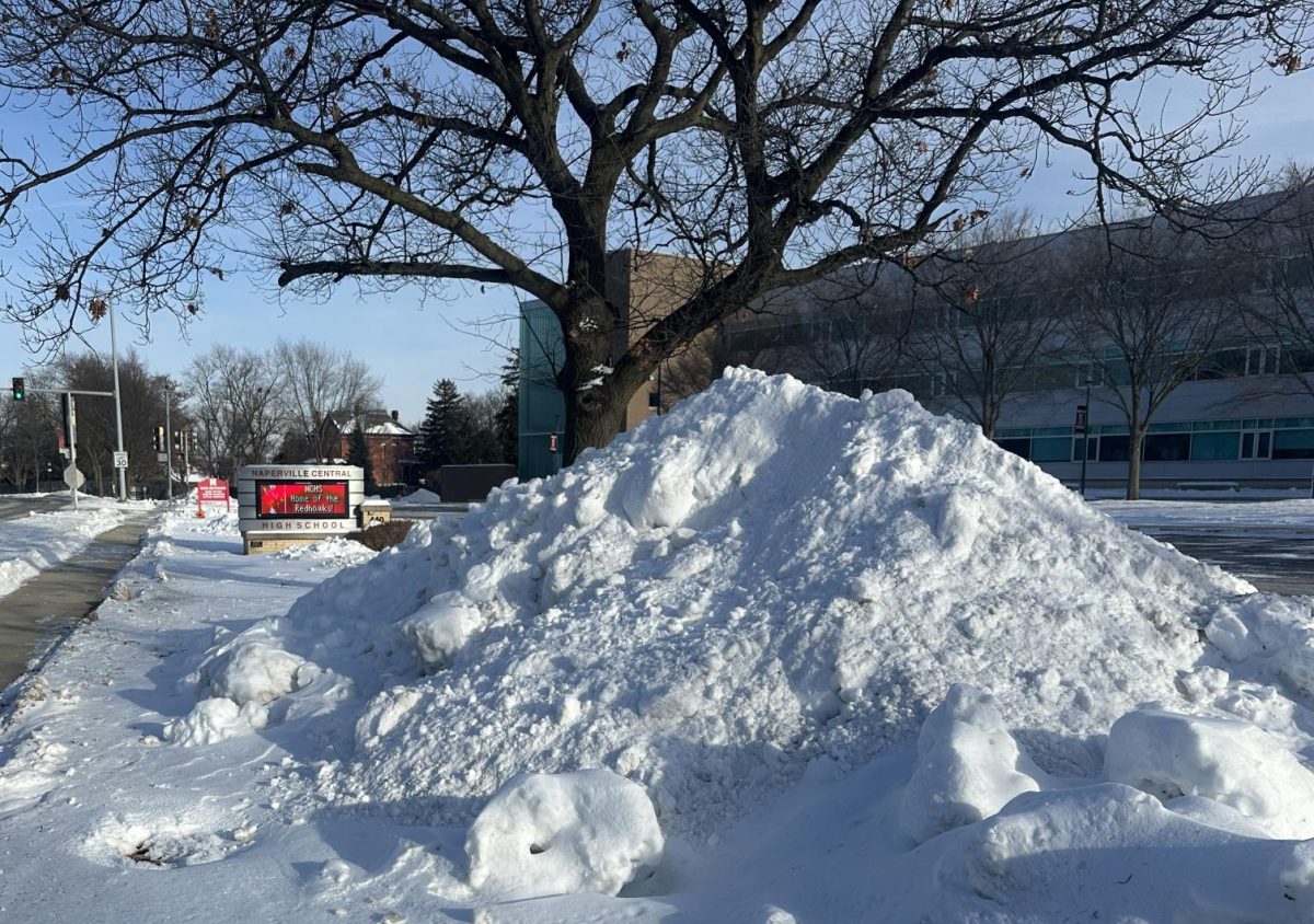 Snow+piles+up+outside+of+Naperville+Central+on+Jan.+15th.+An+e-learning+day+was+called+for+the+next+day+due+to+severe+wind+chills%2C+and+one+week+later+due+to+icy+road+conditions.+