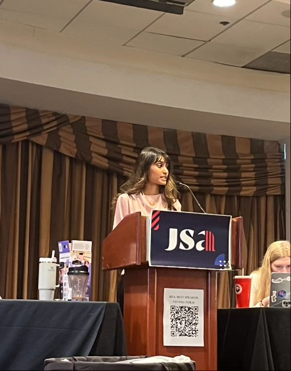 Senior Reham Fahad, JSA president, speaks at the groups Winter Congress in Washington, D.C.