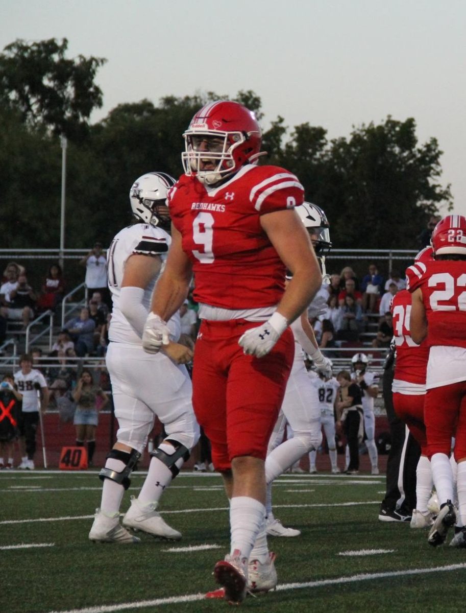 Senior Maverick Ohle celebrates a defensive stop in Central’s game against Plainfield North on Sept. 1.