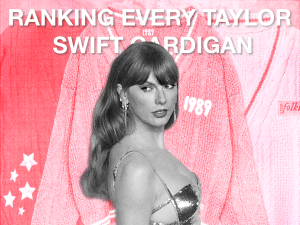 The Folklore Cardigan tops Lola Schwerha's ranking of Taylor Swift Cardigans. (Photo credit: store.taylorswift.com, iHeartRadioCA via WikiMedia Commons)