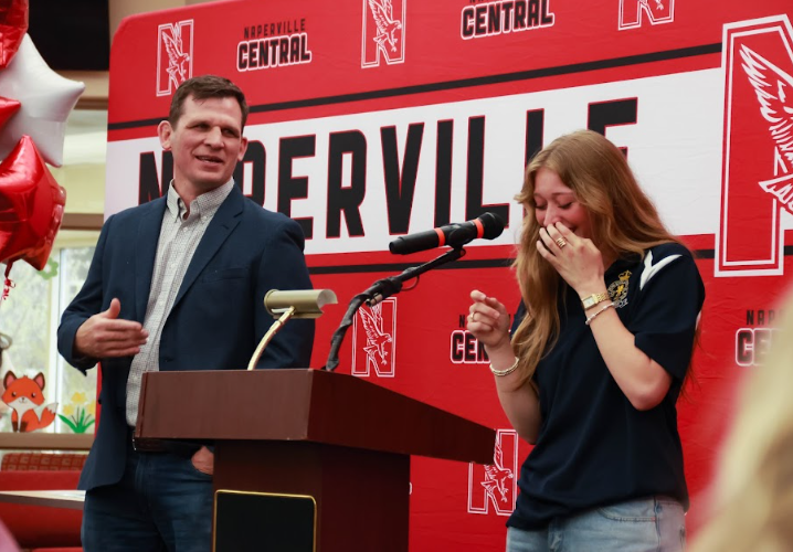 Senior Ellen Small gives a speech during the surprise ceremony held on Thursday, April 16 in the library. State Superintendent of Education Tony Sanders presented the award, identifying Brady as the top choice among 13 regional finalists.